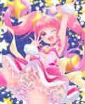  1girl ;d absurdres arm_up armpits bangs blunt_bangs cure_star floating_hair hair_ornament highres layered_skirt long_hair miniskirt one_eye_closed open_mouth pink_eyes pink_hair pink_legwear precure shiny shiny_hair single_thighhigh skirt smile solo star_(symbol) star_hair_ornament star_twinkle_precure thigh-highs very_long_hair white_skirt wrist_cuffs yellow_earrings yupiteru 