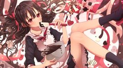  1girl apron black_hair black_serafuku blush character_request chocolate copyright_request frills hair_ribbon highres long_hair looking_at_viewer open_mouth peach_punch pink_eyes ribbon school_uniform serafuku skirt socks solo two_side_up uniform valentine 