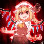  1girl arms_up aura black_background blonde_hair blood bloody_hands bright_pupils commentary cowboy_shot cravat eyebrows_visible_through_hair fangs flandre_scarlet hair_between_eyes hat hat_ribbon highres leaning_to_the_side looking_at_viewer mob_cap one_side_up open_mouth outline puffy_short_sleeves puffy_sleeves red_eyes red_skirt red_vest ribbon shaded_face shirt short_hair short_sleeves signature skirt solo standing touhou upper_teeth vest white_headwear white_pupils white_shirt wings yellow_neckwear zanasta0810 
