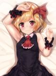  1girl arm_up armpits ascot bangs bare_shoulders bed black_dress blonde_hair breasts closed_mouth commentary commentary_request dress eyebrows_visible_through_hair hair_ribbon hand_on_head kerotsupii_deisuku looking_at_viewer lying necktie on_back open_hands red_eyes red_neckwear red_ribbon ribbon rumia sad short_hair sleeveless sleeveless_dress sleeves_past_wrists small_breasts solo tears touhou wavy_mouth wrist_cuffs wristband 