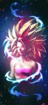  1girl absurdres amaguchi_chiyoko aqua_eyes bare_shoulders blonde_hair breasts caulifla collarbone commentary_request dragon_ball dragon_ball_super highres looking_to_the_side pink_tubetop signature small_breasts solo spiky_hair strapless super_saiyan tubetop 