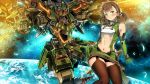  1girl bangs brown_hair chain clenched_hand garimpeiro glowing glowing_eyes hair_rings hand_on_hip highres long_hair looking_at_viewer mecha midriff midriff_cutout navel open_mouth orange_eyes original pilot_suit thigh-highs 