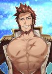  1boy abs bara beard blue_eyes brown_hair bursting_pecs chest collar cropped_torso epaulettes facial_hair fate/grand_order fate_(series) fringe_trim goatee hands_on_hips highres jacket long_sleeves looking_at_viewer male_focus military military_uniform muscle napoleon_bonaparte_(fate/grand_order) niichi21 nipples open_clothes open_jacket open_shirt pectorals scar sideburns simple_background smile solo unbuttoned uniform 