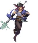  1boy alternate_costume belt boots feathers fingerless_gloves fire_emblem fire_emblem:_the_binding_blade fire_emblem_heroes full_body geese_(fire_emblem) gloves hat highres long_hair official_art open_mouth pirate_hat polearm purple_hair solo spear teeth transparent_background violet_eyes weapon 
