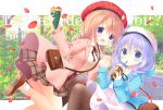  2girls :d aono_ribbon bag beret black_ribbon blue_eyes blue_hair blue_jacket blush braid brown_footwear brown_hair brown_legwear brown_skirt coat collared_shirt commentary_request copyright_name crepe cup disposable_cup dress dress_shirt drinking_straw food gochuumon_wa_usagi_desu_ka? hair_over_shoulder hat holding holding_cup holding_food hoto_cocoa jacket kafuu_chino long_hair long_sleeves looking_at_viewer multiple_girls neck_ribbon open_clothes open_coat open_mouth pantyhose petals pink_coat plaid plaid_skirt pleated_skirt red_headwear ribbon shirt shoe_soles shoes shoulder_bag skirt sleeves_past_wrists smile socks twin_braids twitter_username very_long_hair violet_eyes white_dress white_headwear white_legwear white_shirt 