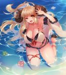  1girl ahoge anila_(granblue_fantasy) armpits bangs bare_shoulders beach belly_chain bikini blonde_hair blunt_bangs breasts detached_sleeves draph granblue_fantasy horns huge_breasts jewelry kneeling layered_bikini long_hair nazo_kitsune ocean one_eye_closed ribbon sandals sheep_horns shiny shiny_skin solo swimsuit thigh_ribbon thighs very_long_hair water wavy_hair yellow_eyes 