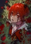  1boy bangs choker crown flower hair_between_eyes highres ink ink_on_face ink_stain ktnsn0 looking_at_viewer male_focus mini_crown open_mouth overblot red_eyes redhead riddle_rosehearts rose shirt short_hair solo twisted_wonderland 