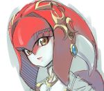  1girl closed_mouth dutch_angle highres kawakami_rokkaku looking_at_viewer mipha portrait red_skin redhead sketch smile solo tentacle_hair the_legend_of_zelda the_legend_of_zelda:_breath_of_the_wild two-tone_skin white_background white_skin 