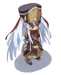  1girl altair_(re:creators) blue_eyes chibi coat covered_mouth double-breasted full_body gloves grey_gloves hair_between_eyes hat high_heels kawakami_rokkaku long_hair multicolored_hair peaked_cap re:creators red_eyes shako_cap simple_background solo standing streaked_hair twintails very_long_hair white_background white_hair 