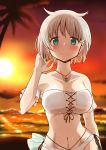  aqua_eyes azusa_mifuyu bikini breasts hair_flaps hand_up highres jewelry large_breasts magia_record:_mahou_shoujo_madoka_magica_gaiden mahou_shoujo_madoka_magica necklace short_hair smile solo sunset swimsuit touyu_(yuruyuruto) wet white_hair 