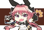  1boy astolfo_(saber)_(fate) beppu_mitsunaka brown_background chibi eyebrows_visible_through_hair fang fate/grand_order fate_(series) long_hair looking_at_viewer multicolored_hair open_mouth otoko_no_ko pink_hair scarf scarf_over_mouth skin_fang solo thumbs_up two-tone_background upper_body white_background white_hair 