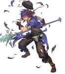  1boy alternate_costume belt boots feathers fingerless_gloves fire_emblem fire_emblem:_the_binding_blade fire_emblem_heroes full_body geese_(fire_emblem) gloves hat hat_removed headband headwear_removed highres long_hair official_art open_mouth pirate_hat polearm purple_hair solo spear teeth torn_clothes transparent_background violet_eyes weapon 