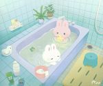  ayu_(mog) bathing bathroom bathtub bucket faucet frog indoors no_humans original rabbit rubber_duck shampoo_bottle signature tile_wall tiles towel water 