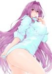  1girl ass bangs blush breasts collared_shirt dress_shirt fate/grand_order fate_(series) hair_intakes highres large_breasts long_hair long_sleeves looking_at_viewer purple_hair red_eyes scathach_(fate)_(all) scathach_(fate/grand_order) shirt simple_background thighs toyoman white_background 