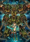  1girl brown_hair casting_spell clenched_hands garimpeiro glowing glowing_eyes green_eyes hair_rings highres looking_to_the_side mecha midriff midriff_cutout open_hand orange_eyes original pilot_suit 