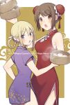  2girls alternate_costume alternate_hairstyle aniplex arm_at_side armpit_crease baozi bare_arms blonde_hair border bow box braid breasts brown_eyes brown_hair bun_cover china_dress chinese_clothes cleavage_cutout clothing_cutout commentary_request double_bun dress eyebrows_visible_through_hair floral_print food fuji_fujino hair_between_eyes hair_bow hair_rings hand_up height_difference high_collar highres holding holding_box holding_food leaf_print looking_at_viewer looking_back magia_record:_mahou_shoujo_madoka_magica_gaiden mahou_shoujo_madoka_magica medium_breasts mitsuki_felicia multiple_girls parted_lips polka_dot polka_dot_background purple_dress red_dress short_sleeves side_slit sidelocks square steam tareme tassel tassel_hair_ornament thighs tsurime twin_braids violet_eyes white_border white_bow yellow_background yui_tsuruno 