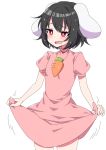  1girl animal_ears black_hair blush bright_pupils carrot_necklace commentary_request cowboy_shot dress eyebrows_visible_through_hair fang high_collar highres inaba_tewi lifted_by_self looking_to_the_side motion_lines open_mouth pink_dress puffy_short_sleeves puffy_sleeves rabbit_ears red_eyes short_hair short_sleeves simple_background skin_fang skirt skirt_lift solo standing sweat touhou tsukimirin white_background white_pupils 