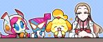  4girls animal_ears blonde_hair blue_skin blush_stickers company_connection crossover cup dog_ears dog_girl doubutsu_no_mori glasses hair_bun highres kirby:_planet_robobot kirby_(series) looking_at_another loveycloud super_mario_bros. multiple_crossover multiple_girls nastasia nintendo olive_(pokemon) open_mouth paper_mario pink_hair pokemon pokemon_(game) pokemon_swsh shizue_(doubutsu_no_mori) smile super_paper_mario susie_(kirby) trait_connection 