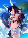  1girl animal_ears armpits bangs bikini black_hair blurry blurry_background clouds cloudy_sky collar collarbone commentary day eyebrows_visible_through_hair fang hair_between_eyes highres hololive innertube jacket long_hair looking_at_viewer miochun multicolored_hair navel ocean okamin ookami_mio open_clothes open_jacket open_mouth palm_tree redhead rubber_band short_shorts shorts sidelocks sky solo swimsuit tail thigh_strap tree two-tone_hair virtual_youtuber wolf_ears wolf_girl wolf_tail yellow_eyes 