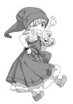  1girl :d bracelet braid dragon_quest dragon_quest_xi dress eyebrows_visible_through_hair fire from_behind full_body greyscale hand_on_hip hat highres index_finger_raised jewelry kawakami_rokkaku long_dress long_hair looking_at_viewer looking_back monochrome one_eye_closed open_mouth shoes simple_background smile solo veronica_(dq11) white_background 