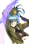  1girl bangs blue_eyes blue_hair boots breasts earrings eyepatch full_body gloves hat highres holster jewelry judgem29 knee_boots leona_heidern military navel patch ponytail smile snk snk_heroines:_tag_team_frenzy soldier solo standing strap the_king_of_fighters thighs thong under_boob 