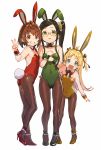  3girls :d animal_ears bare_shoulders black_hair black_ribbon blonde_hair blue_eyes bow bowtie brown_eyes brown_hair brown_legwear brown_neckwear bunny_day bunny_tail bunnysuit child copyright_request covered_navel detached_collar fake_animal_ears fake_tail fishnet_legwear fishnets glasses green_eyes green_footwear green_leotard hair_ornament hair_ribbon hairband hand_up high_heels highres leaning_forward leotard looking_at_viewer mini_necktie multiple_girls one_side_up open_mouth pantyhose parted_lips rabbit_ears red_footwear red_leotard ribbon semi-rimless_eyewear shirabi simple_background smile standing tail two_side_up under-rim_eyewear v white_background wristband x_hair_ornament yellow_footwear yellow_leotard 