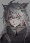  1girl animal_ears arknights bangs black_jacket commentary_request grey_background grey_eyes hair_between_eyes hair_ornament hairclip high_collar highres jacket lappland_(arknights) long_hair looking_at_viewer scar scar_across_eye silver_hair simple_background smile solo upper_body wolf_ears youyi_(jiam009) 