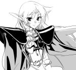  1girl armor belt cape deedlit elf floating_hair greyscale hand_in_hair hand_up kawakami_rokkaku long_hair looking_at_viewer monochrome parted_lips pointy_ears record_of_lodoss_war shoulder_armor simple_background sketch smile solo spaulders upper_body very_long_hair white_background 