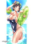 1girl black_eyes black_hair blue_swimsuit blush bob_cut breasts casual_one-piece_swimsuit goggles goggles_on_head hair_ornament hairclip highres innertube kirigaya_suguha large_breasts looking_at_viewer one-piece_swimsuit outdoors shiny shiny_hair shiny_skin short_hair sideboob solo standing swimsuit sword_art_online undersized_clothes water wavy_mouth wet yazawa_mana 