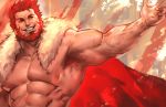  1boy abs bara beard body_hair cape chest facial_hair fate/zero fate_(series) iskandar_(fate) jang_ju_hyeon male_focus manly muscle nipples pectorals red_eyes redhead shirtless simple_background smile solo upper_body 