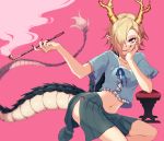  1girl blonde_hair blue_shirt commentary_request dragon_horns dragon_tail elbow_rest fingernails green_skirt hand_on_own_cheek highres holding horns kicchou_yachie kiseru long_fingernails looking_at_viewer mazac midriff navel open_mouth pink_background pipe pointy_ears red_eyes red_nails sharp_fingernails shell shirt short_sleeves skirt smile smoke tail touhou 
