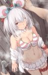  1girl @_@ animal_ears bangs bare_shoulders bikini blush breasts closed_mouth collarbone granblue_fantasy long_hair looking_at_viewer miniskirt mouse_ears navel red_eyes shiseki_hirame short_hair shower_head skirt small_breasts solo_focus swimsuit thighs vikala_(granblue_fantasy) wet white_hair white_skirt 