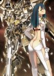  1girl ass back bangs blue_hair butt_crack eyebrows_visible_through_hair garimpeiro glowing glowing_eyes hair_ornament hairclip hand_on_hip hand_on_own_thigh highres holding holding_sword holding_weapon long_hair looking_back mecha original pilot_suit sword weapon yellow_eyes 