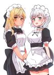  2girls alternate_costume apron arms_behind_back black_dress black_neckwear blonde_hair blush bow bowtie breasts closed_mouth commentary corset cowboy_shot dark_skin detached_collar dress enmaided eyebrows_visible_through_hair green_eyes hair_bow heart highres holding holding_tray hololive long_hair looking_at_viewer maid maid_apron maid_dress maid_headdress medium_breasts multicolored_hair multiple_girls open_mouth orange_eyes pointy_ears sasaki_(glass1138) shiranui_flare shirogane_noel short_dress short_hair short_sleeves silver_hair simple_background smile streaked_hair sweatdrop thighs tray two-tone_hair virtual_youtuber white_background white_hair 