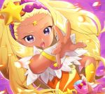  1girl blonde_hair blurry_foreground circlet cure_soleil dark_skin earrings floating_hair hair_ornament hairband hand_on_hip highres jewelry long_hair looking_at_viewer nail_polish open_mouth outstretched_arm precure purple_background purple_hairband shiny shiny_hair solo star_(symbol) star_hair_ornament star_twinkle_precure upper_body very_long_hair violet_eyes yellow_nails yupiteru 