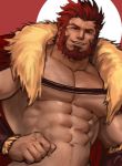  1boy abs bara beard body_hair cape chest chest_hair facial_hair fate/zero fate_(series) highres iskandar_(fate) jang_ju_hyeon leather looking_at_viewer male_focus manly muscle nipples pectorals red_eyes redhead shirtless simple_background smile solo 