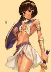 1girl :q assal_(sennen_sensou_aigis) bare_shoulders black_hair breasts brown_eyes covered_nipples dark_skin egyptian_clothes highres holding holding_shield holding_sword holding_weapon kawakami_rokkaku navel sennen_sensou_aigis shield short_hair simple_background small_breasts smile solo sword tongue tongue_out usekh_collar weapon yellow_background 