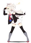  1girl american_flag_neckwear animal_ear_fluff animal_ears azur_lane black_gloves black_legwear boots cat_ears dress eighth_note elbow_gloves extra_ears full_body gloves green_eyes grey_footwear grin knee_boots legs_apart long_hair musical_note shading_eyes shadow short_dress silver_hair simple_background sims_(azur_lane) smile solo thigh-highs white_background white_dress youhei_64d 