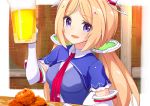  1girl :d aki_rosenthal alcohol ame. bangs beer beer_mug blonde_hair blue_vest blush breasts brick_wall collared_dress commentary_request cup dress elbow_gloves eyebrows_visible_through_hair food gloves hand_up headgear highres holding holding_cup hololive long_hair looking_at_viewer low_twintails medium_breasts mug open_mouth parted_bangs red_neckwear short_sleeves shrug_(clothing) smile solo table twintails upper_body very_long_hair vest violet_eyes virtual_youtuber white_dress white_gloves 