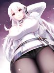  1girl azur_lane black_legwear black_shorts breasts eyebrows_visible_through_hair gangut_(azur_lane) gzsd hand_on_head highres large_breasts long_hair looking_at_viewer mole mole_under_eye open_mouth pantyhose red_eyes shorts silver_hair smile solo white_hair 