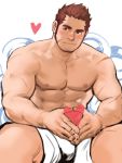  1boy abs bara beard blush body_hair brown_hair bulge chest facial_hair gunzo_(tokyo_houkago_summoners) highres jang_ju_hyeon looking_at_viewer male_focus manly muscle nipples pectorals shirtless shorts simple_background sportswear thick_eyebrows thick_thighs thighs tokyo_houkago_summoners upper_body 