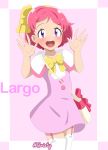  1girl :d absurdres bag bangs blush border bow capelet character_name child commentary cowboy_shot dress garter_straps hairband hands_up happy highres largo_(pokemon) looking_at_viewer open_mouth outside_border pink_background pink_bow pink_dress pokemon pokemon_(anime) pokemon_m21 short_hair shoulder_bag signature smile solo standing thigh-highs upper_teeth violet_eyes viper3n3n3_(cristy) white_border white_capelet white_legwear yellow_bow yellow_hairband 