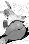  1girl ? animal_ears ass assisted_exposure boku_no_hero_academia bunny_tail dark_skin ettone greyscale highres looking_back mirko monochrome nintendo_switch no_panties open_mouth rabbit_ears school_uniform simple_background skirt skirt_lift tail text_focus translation_request white_background 