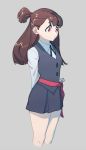  1girl arms_behind_back bangs belt brown_hair commentary_request expressionless grey_background highres kagari_atsuko little_witch_academia long_hair luna_nova_school_uniform miniskirt original_nasu ponytail red_belt red_eyes school_uniform simple_background skirt solo upper_body 