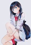  1girl bag bangs bare_legs black_footwear black_hair blue_eyes eyebrows eyebrows_visible_through_hair highres long_hair looking_at_viewer nabi_(uz02) pleated_skirt red_legwear school_bag school_uniform shoes skirt socks solo ssss.gridman takarada_rikka uniform 