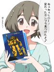  1girl :d bangs box brown_eyes eighth_note eyebrows_visible_through_hair grey_hair gundam gundam_build_divers gundam_build_divers_re:rise gundam_build_fighters gunpla hair_between_eyes holding holding_box looking_at_viewer mukai_hinata musical_note open_mouth short_hair simple_background smile solo speech_bubble thick_eyebrows translated white_background youhei_64d 
