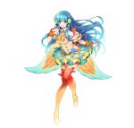 1girl absurdres aqua_hair artist_request bangs bare_shoulders blue_eyes boots bracelet breasts earrings eirika_(fire_emblem) fingernails fire_emblem fire_emblem:_the_sacred_stones fire_emblem_heroes flower frills full_body gradient gradient_clothes hair_flower hair_ornament highres jewelry lips long_hair medium_breasts miniskirt official_art shiny shiny_hair simple_background skirt solo thigh-highs thigh_boots white_background wings wrist_cuffs zettai_ryouiki 