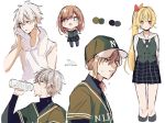  2girls 3boys :o bangs baseball_cap baseball_uniform black_shirt black_skirt blonde_hair blush bottle brown_hair closed_eyes color_guide commentary_request cropped_legs drinking eyebrows_visible_through_hair fuwa_minato green_headwear green_shirt green_vest grey_eyes grey_hair grey_legwear hair_between_eyes hair_ornament hair_ribbon hairclip hand_up hat heterochromia highres holding holding_bottle honma_himawari hoshikawa_sara kanae_(nijisanji) kneehighs kuzuha_(nijisanji) long_hair long_sleeves multicolored_hair multiple_boys multiple_girls nijisanji open_mouth orange_eyes orange_ribbon pantyhose parted_lips purple_hair red_eyes red_ribbon redhead ribbon school_uniform shirt short_over_long_sleeves short_sleeves side_ponytail signature simple_background skirt sofra sportswear streaked_hair sweat towel towel_around_neck twitter_username v-shaped_eyebrows very_long_hair vest virtual_youtuber water_bottle white_background white_shirt x_hair_ornament 