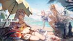 3girls :d alchemaniac alternate_costume animal_ear_fluff animal_ears arknights arm_support bangs bare_shoulders bikini black_shorts breasts brown_eyes eyebrows_visible_through_hair hair_between_eyes highres horse_ears large_breasts large_tail laurel_crown long_hair looking_at_viewer multiple_girls navel official_art open_mouth outstretched_arms parted_lips platinum_(arknights) provence_(arknights) purple_hair red_eyes sandals short_shorts shorts silver_hair skadi_(arknights) smile standing stomach swimsuit tail thigh_strap thighs very_long_hair white_hair wolf_ears wolf_tail yellow_eyes 