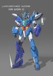  absurdres aqua_eyes character_name clenched_hands clotho_(1326803453) earthree_gundam english_commentary gundam gundam_build_divers gundam_build_divers_re:rise gunpla highres mecha no_humans original redesign solo standing v-fin 